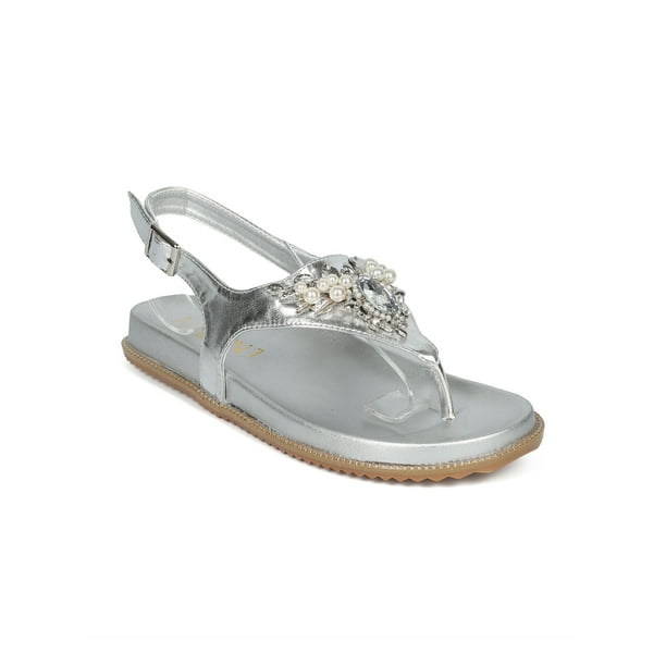 Silver T-Strap Thong Slide Flatform Sling-back Buckle Closure Womens Sandals Silver T-Strap Thong Slide Flatform Sling-back Buckle Closure Womens Sandals
